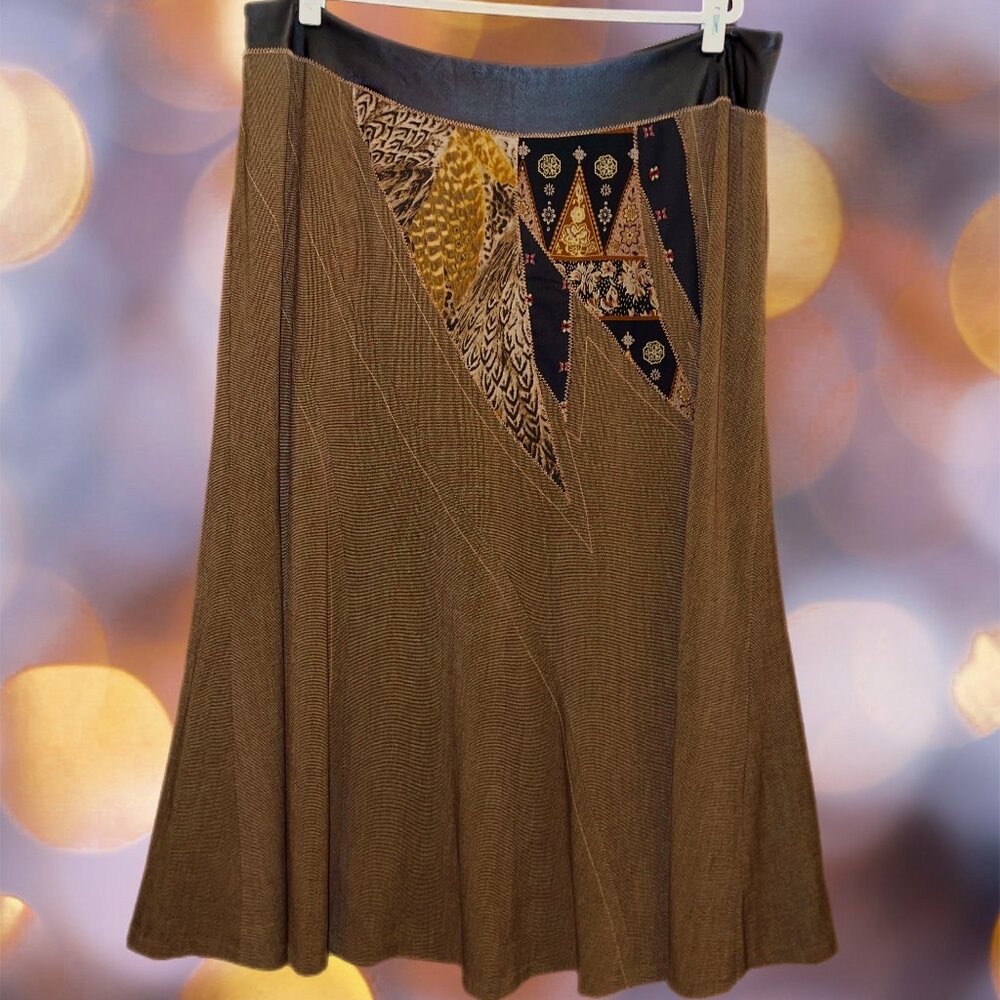 KOOS OF COURSE Boho Brown Tweed Skirt with Animal Print & Leather Trim Size 20W